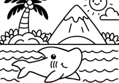 Hai schwimmt an Wasseroberfläche vor einer Insel: Kostenloses Ausmalbild