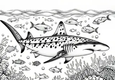 Hai schwimmt zwischen Korallen und Fischen: Ausmalbild zum Download (Kostenlos)