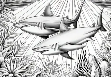 Zwei Haie schwimmen im tropischen Meer: Realistisches Ausmalbild (Kostenlos)