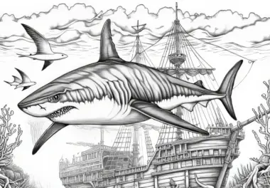 Hai kreist über versunkenem Piratenschiff als Ausmalbild (Gratis)