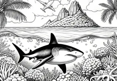 Hai schwimmt an Wasseroberfläche vor Insel: Ausmalbild zum Herunterladen (Kostenlos)