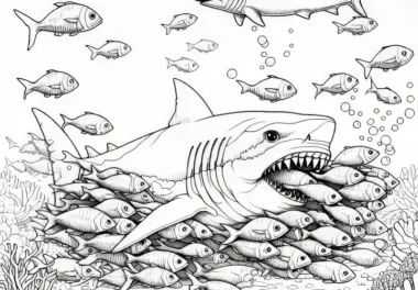 Hai jagt Schwarm kleiner Fische: Detailreiches Ausmalbild (Gratis)
