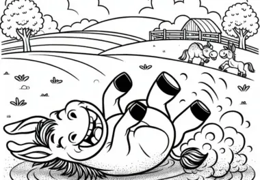 Esel wälzt sich fröhlich auf der Wiese im Sand: Einfache Malvorlage (Kostenlos)