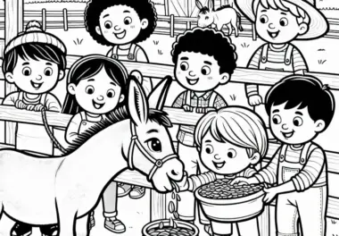Esel wird von Kindern auf dem Bauernhof gefüttert: Malvorlage zum Download (Gratis)