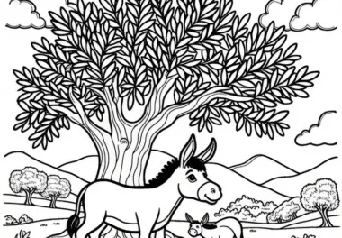 Esel steht unter einem Olivenbaum: Einfache Malvorlage (Gratis)