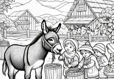 Esel wird von Kindern auf Bauernhof gefüttert: Ausmalbild zum Ausdrucken (Kostenlos)