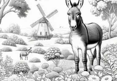 Esel auf Blumenwiese mit Mühle im Hintergrund: Ausmalbild zum Herunterladen (Gratis)