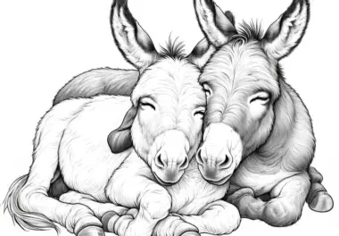 Zwei Esel kuscheln zusammen: Niedliches Ausmalbild (Kostenlos)
