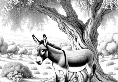 Esel unter Olivenbaum in mediterraner Landschaft: Realistisch Malvorlage (Gratis)