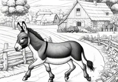 Esel trabt einen Feldweg entlang vor einem Bauernhof: Realistisches Ausmalbild (Gratis)