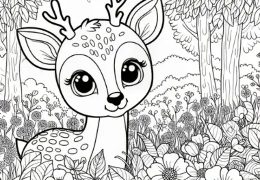 Reh mit großen Augen schaut über Blumenwiese: Einfache Malvorlage (Kostenlos)