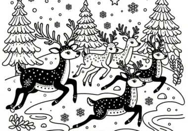 Eine Gruppe Rehe hüpft elegant durch Schnee: Kostenloses Ausmalbild