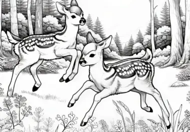 Rehkitze spielen auf einer Lichtung: Realistische Malvorlage (Gratis)