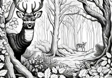 Reh zwischen Bäumen: Realistische Malvorlage (Gratis)