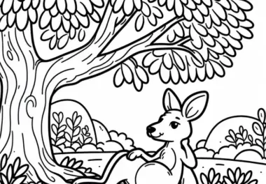 Känguru sitzt entspannt unter Baum: Einfaches Ausmalbild (Kostenlos)