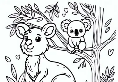 Känguru mit Koala auf Eukalyptusbaum als Ausmalbild (Kostenlos)
