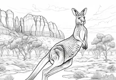 Känguru springt im australischen Outback: Ausmalbild zum Herunterladen (Kostenlos)