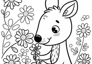 Neugieriges Känguru schnuppert an Blume: Einfache Malvorlage (Kostenlos)