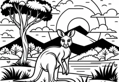Känguru in der Dämmerung beim Sonnenuntergang: Einfache Malvorlage (Kostenlos)