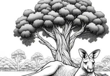 Känguru liegt entspannt unter einem Baum: Detailreiche Malvorlage (Kostenlos)