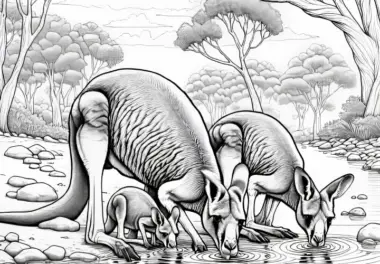 Känguru-Familie trinkt Wasser am See: Detailreiche Malvorlage (Kostenlos)