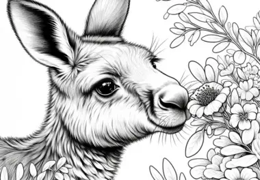 Neugieriges Känguru schnuppert an Blume: Ausmalbild zum Herunterladen (Gratis)