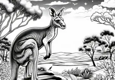 Känguru in der Dämmerung beim Sonnenuntergang: Detailreiche Malvorlage (Kostenlos)