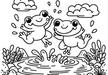 Frösche springen fröhlich im Teich herum: Ausmalbild zum Download (Gratis)