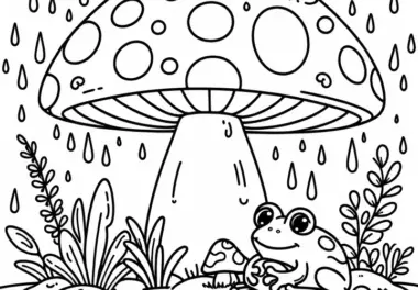 Ausmalbild: Frosch unter einem großen Pilz im Regen (Kostenlos)