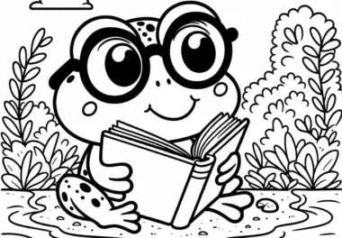 Frosch mit Brille liest ein Buch: Ausmalbild für Kinder (Kostenlos)