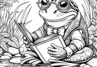 Frosch mit Buch und Brille: Kostenloses Ausmalbild