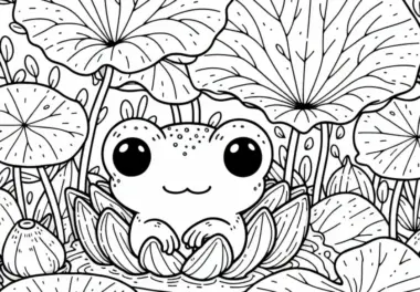 Ausmalbild: Kleiner Frosch unter Seerosen (Kostenlos)
