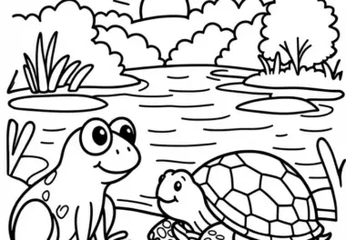 Ausmalbild mit Frosch und Schildkröte am Teich (Kostenlos)