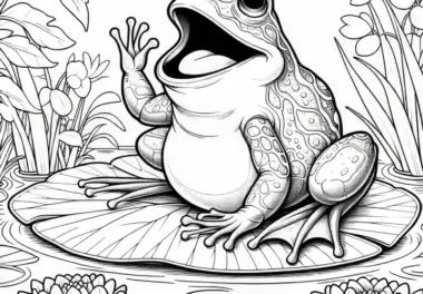 Frosch auf Seerosenblatt: Ausmalbild zum Ausdrucken (Kostenlos)