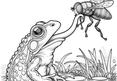 Frosch fängt große Fliege: Malvorlage zum Herunterladen (Kostenlos)