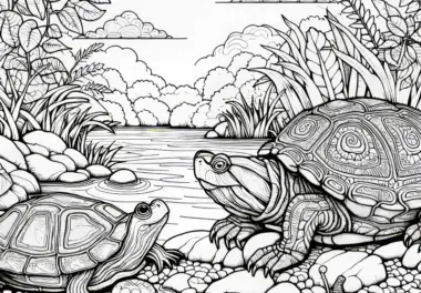 Frosch und Schildkröte am Ufer: Ausmalbild zum Download (Gratis)
