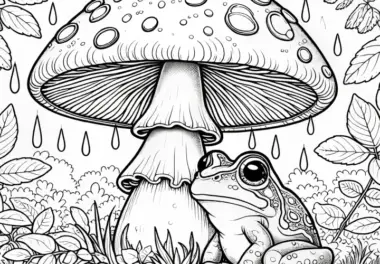 Ausmalbild: Frosch unter einem großen Pilz im Regen (Gratis)