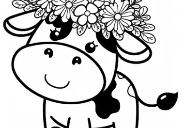 Fröhliche Kuh mit Blumenkranz auf dem Kopf: Einfache Malvorlage (Gratis)
