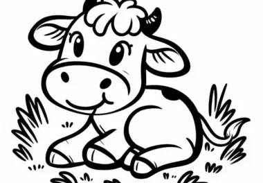 Kuh liegt entspannt im Gras: Einfache Malvorlage (Gratis)