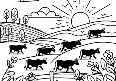 Kühe laufen bei Sonnenuntergang über Hügel: Einfaches Ausmalbild (Kostenlos)