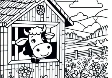 Kuh schaut durch das Fenster einer Scheune: Einfaches Ausmalbild (Gratis)