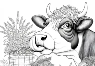 Neugierige Kuh mit Körben voller Futter: Landleben zum Ausmalen (Kostenlos)