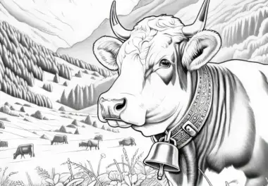 Kuh mit Glocke um den Hals in Alpenlandschaft: Ausmalbild zum Download (Gratis)