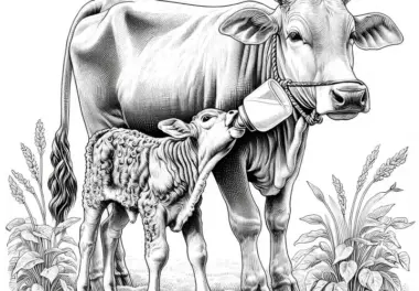 Kleines Kälbchen trinkt Milch neben Kuh-Mutter: Detailreiches Ausmalbild (Gratis)