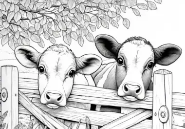 Zwei Kühe schauen neugierig über einen Holzzaun: Malvorlage zum Download (Gratis)