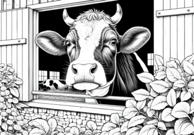 Kuh schaut aus Scheunenfenster: Malvorlage zum Download (Kostenlos)