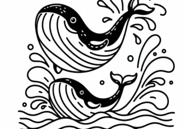 Zwei Wale springen aus dem Wasser: Einfache Malvorlage (Kostenlos)