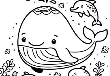 Freundlicher Wal mit Delfinen: Einfache Malvorlage (Kostenlos)