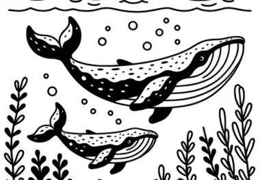 Wal mit Kalb schwimmt durch das Meer: Einfache Malvorlage (Kostenlos)