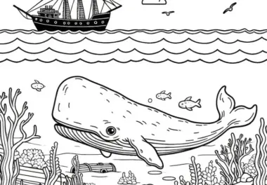 Pottwal schwimmt im Meer: Einfache Malvorlage (Gratis)